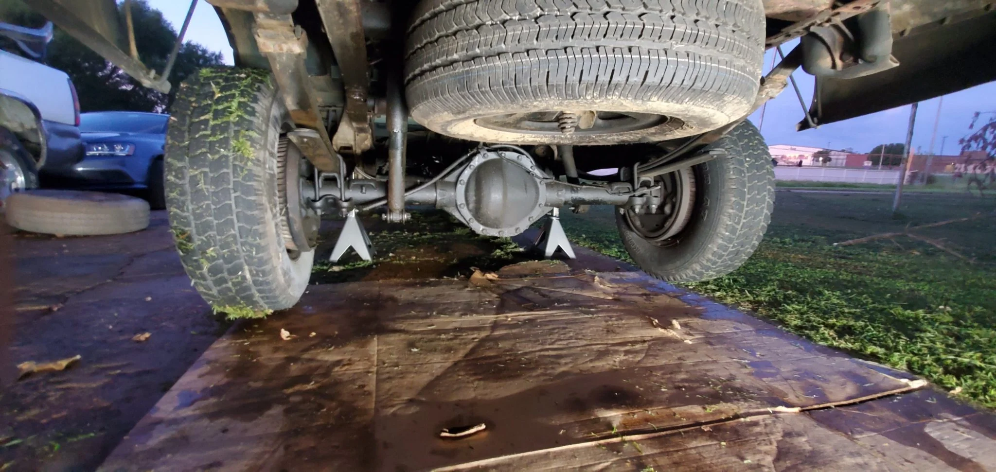 Truck jacked up.
