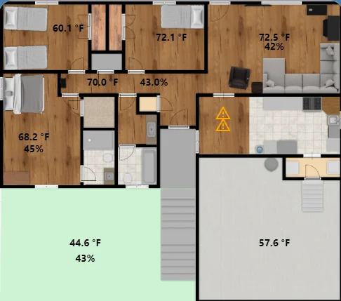 Home Assistant Floor Plan showing temp and humidity