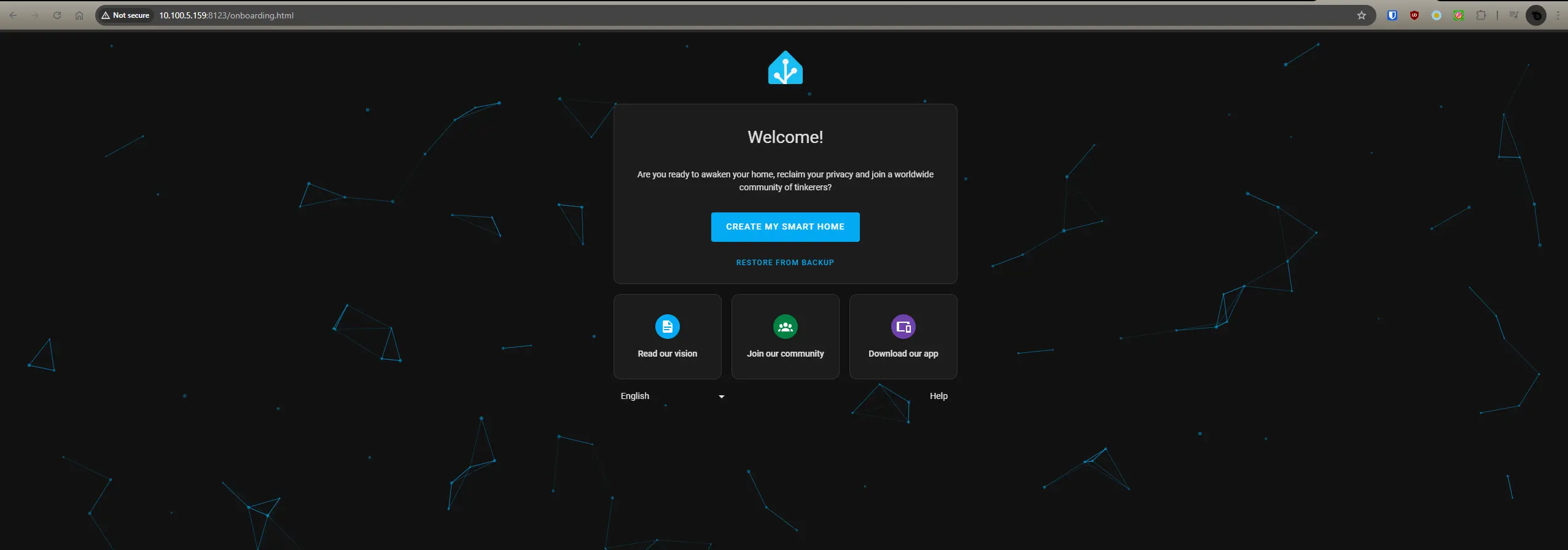 Picture showing a brand new home assistant instance at the IP listed in the script's output