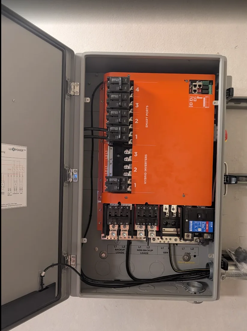 Inside the GridBoss with all of the Eaton breakers in place and the shop feeder landed on smart port #1