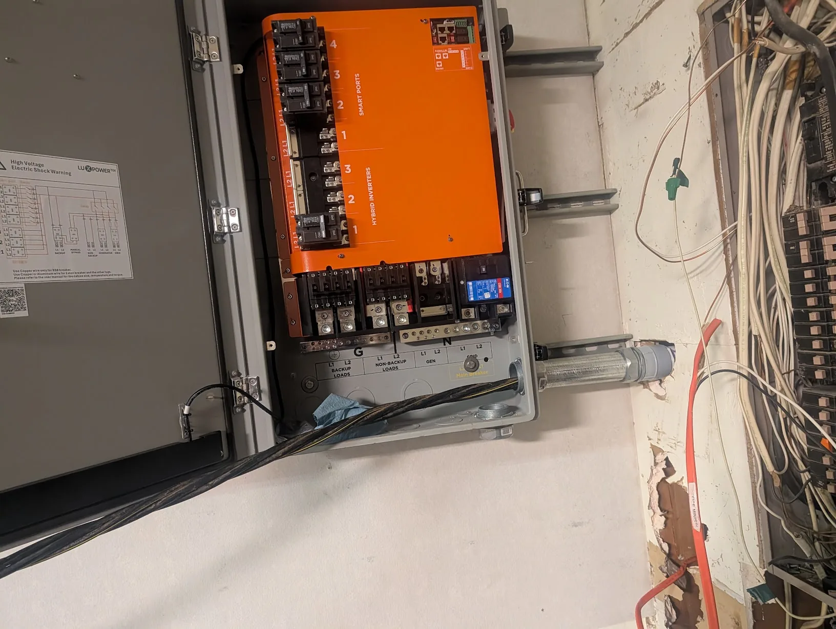 Inside the GridBoss with the feeder cable pulled in and dressed, ready to be landed on the main breaker