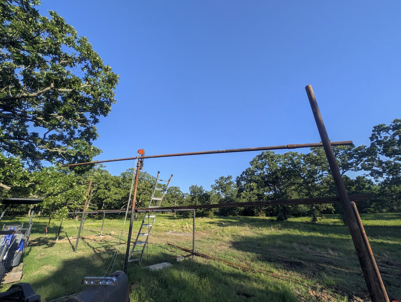 The completed rack frame — 64ft of drill string spanning the top rail