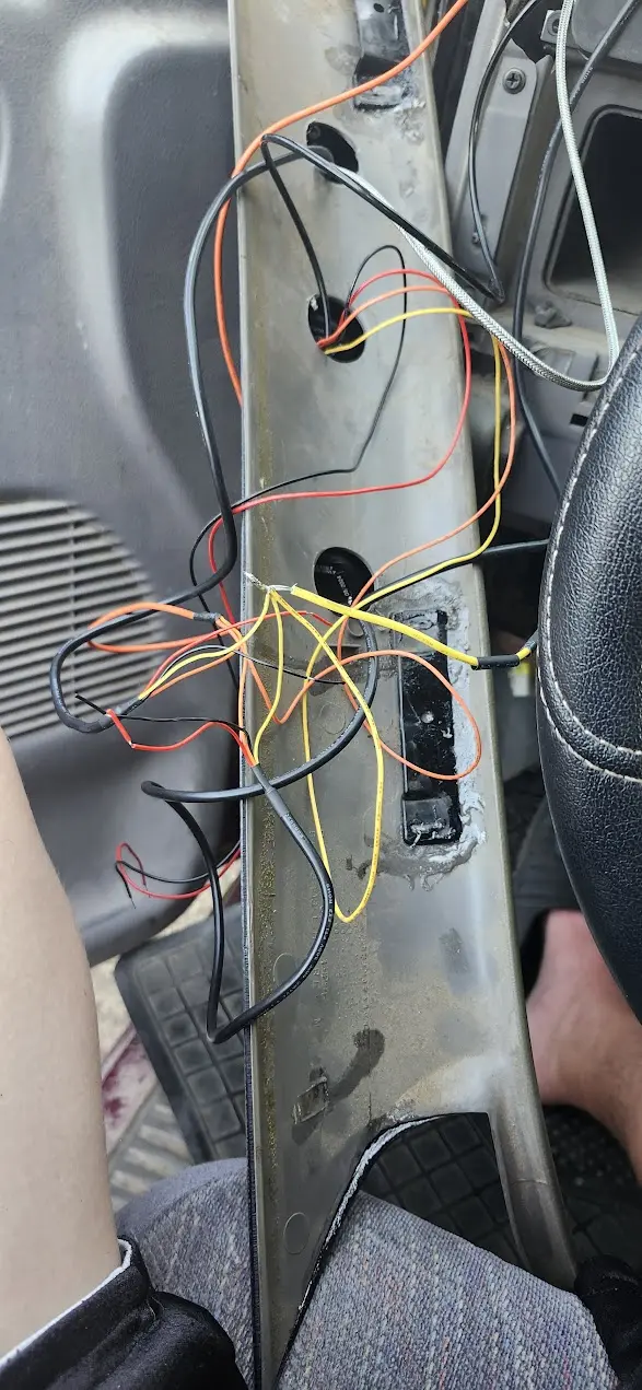 Image showing the rear of the gauge pod&hellip;. lots of unorganized wires, and two party epoxy glueing the factory mounts back on