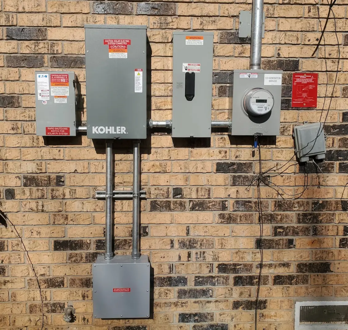 Exterior wall of the house with transfer switch, meter can, shutoff, and other boxes