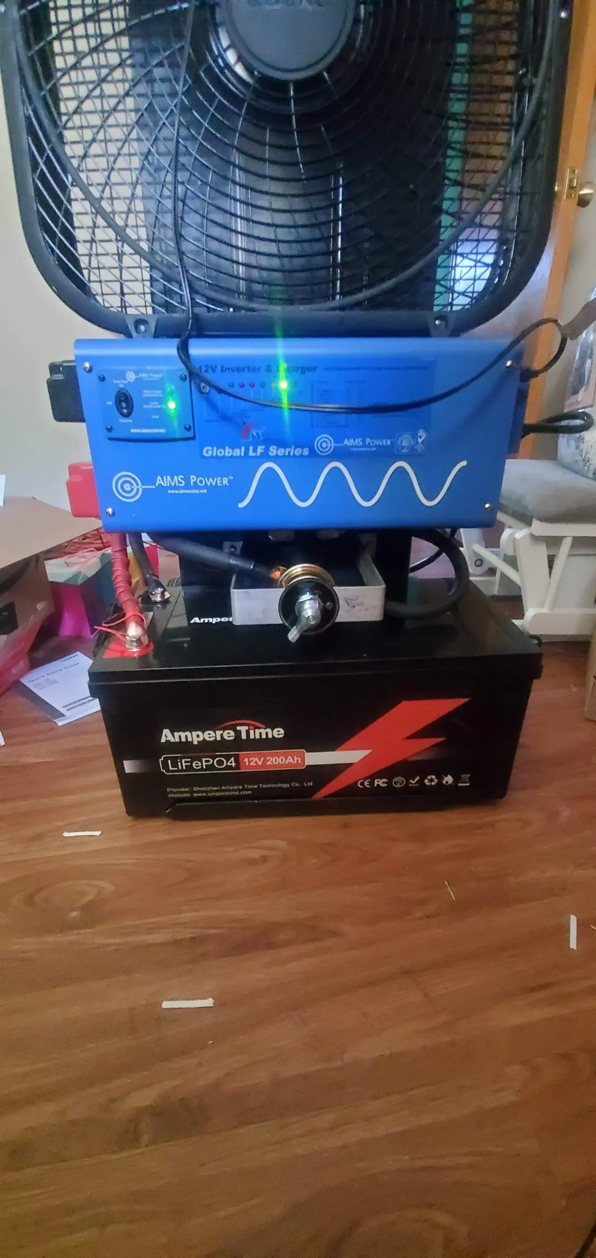 The finished product, running a box fan on battery.