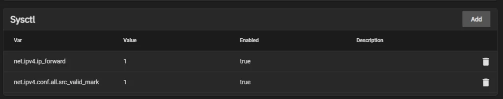 Sysctl section with values