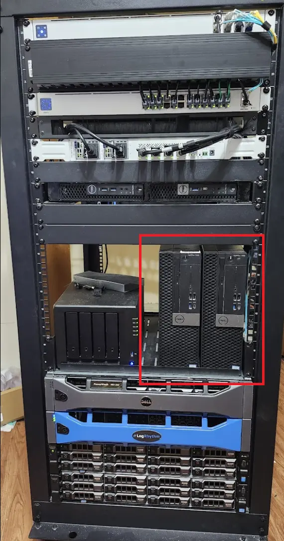 Picture showing the SFFs in my rack with a red square