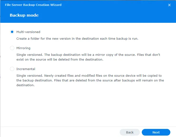 Picture showing options to backup file server on synology