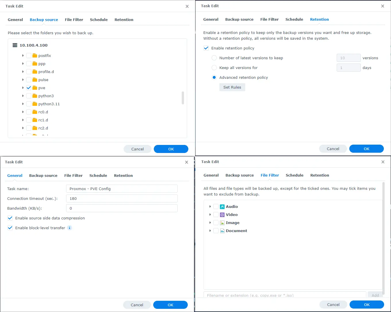 Picture showing configuration screens for synology file sync task