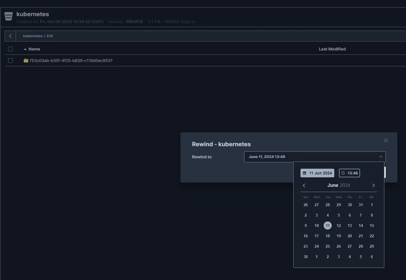 Screenshot demonstrating minio rewind functionality