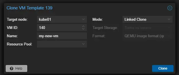Clone VM dialog, with linked clone specified