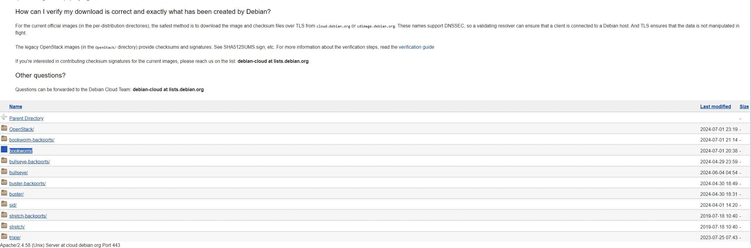 Image showing the folders at the bottom of the debian cloud images page, with the bookworm folder highlighted