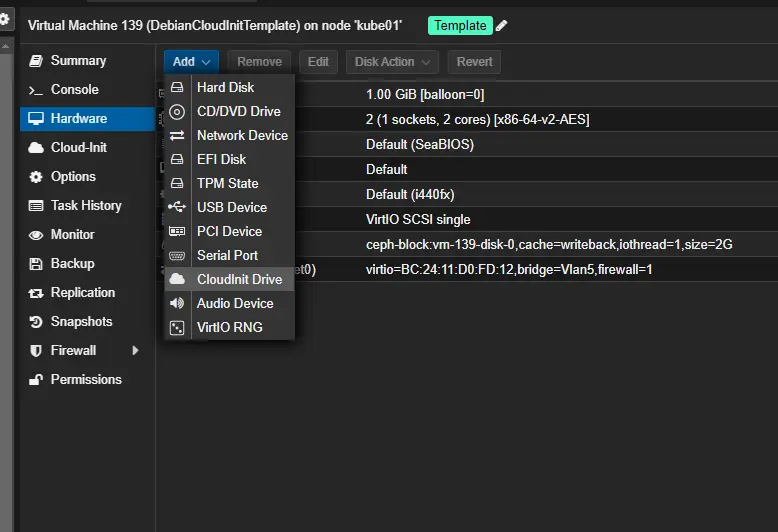Add hardware dropdown with CloudInit selected