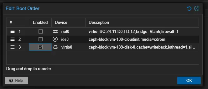 Boot order dialog showing only the primary disk selected.