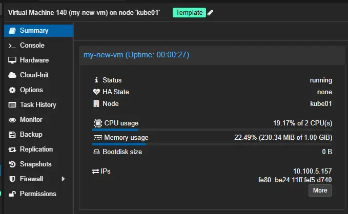 Image showing the details of the newly cloned VM running