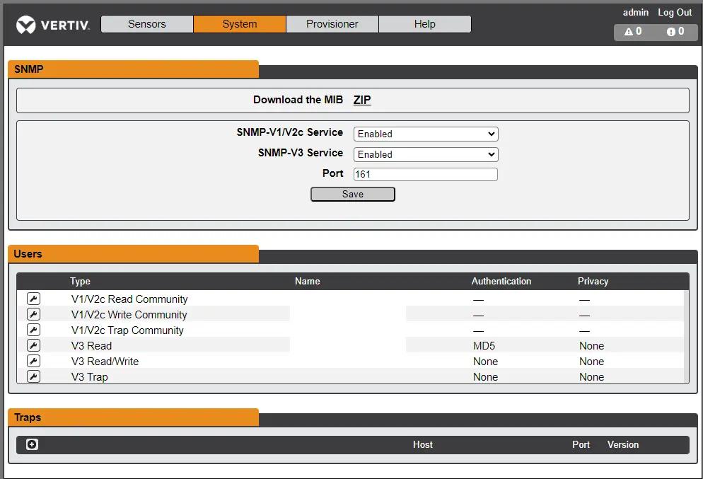 System > SNMP Tab