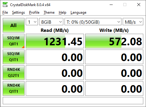 Screenshot of crystal benchmark showing 1,231 MB/s read, and 572MB/s writes. This was a 8G sequential test performed across my 10G network via iSCSI